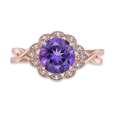 Gemminded 18k Rose Gold Over Sterling Silver Round Amethyst & Lab-Created White Sapphire Ring