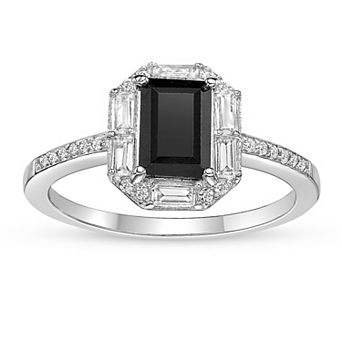 Gemminded Rhodium Over Sterling Silver Baguette Cut Onyx & Lab-Created White Sapphire Ring