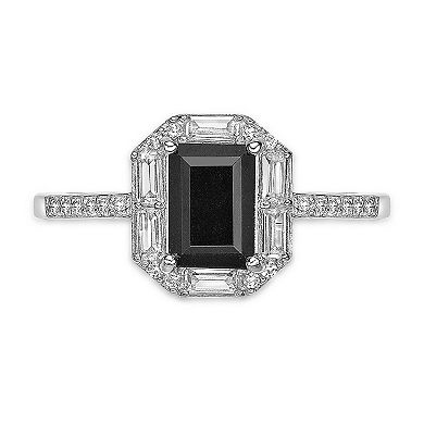 Gemminded Rhodium Over Sterling Silver Baguette Cut Onyx & Lab-Created White Sapphire Ring