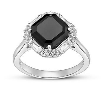 Gemminded Rhodium Over Sterling Silver Onyx & Lab-Created White Sapphire Ring