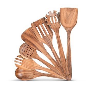 Cheer Collection 7 pc Elegant Wood Kitchen Utensils Set for Cooking and Serving with Hanging Stor