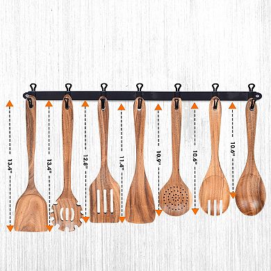 Cheer Collection 7 Piece Elegant Wood Kitchen Utensils Set for Cooking and Serving with Hanging Stor