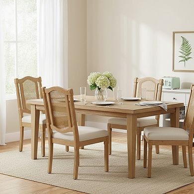 Homy Casa Set of 2 Solid Wood Rattan-Back Dining Chairs, Beige Matte Linen Cushions