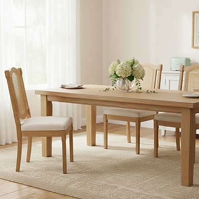 Homy Casa Set of 2 Solid Wood Rattan-Back Dining Chairs, Beige Matte Linen Cushions