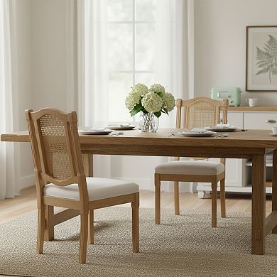 Homy Casa Set of 2 Solid Wood Rattan-Back Dining Chairs, Beige Matte Linen Cushions