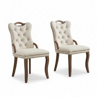 Homy Casa Velvet Tufted Dining Chairs with Wood Handles & Curved Legs, Vintage Nail Trim, Set of 2