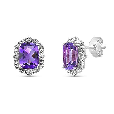 Gemminded Rhodium Over Sterling Silver Amethyst & Lab-Created White Sapphire Stud Earrings