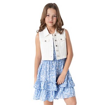 Girls 7-16 Rare Editions Printed Dobby Tiered Dress & Denim Vest Set