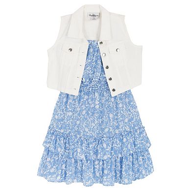 Girls 7-16 Rare Editions Printed Dobby Tiered Dress & Denim Vest Set