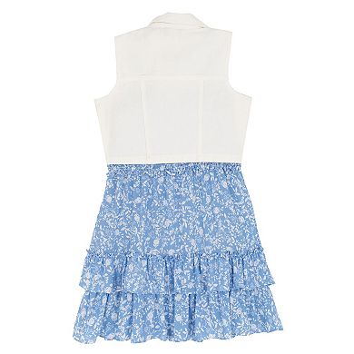 Girls 7-16 Rare Editions Printed Dobby Tiered Dress & Denim Vest Set