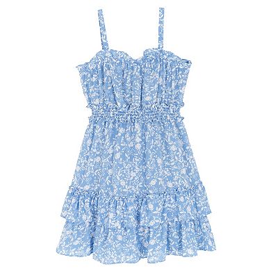 Girls 7-16 Rare Editions Printed Dobby Tiered Dress & Denim Vest Set