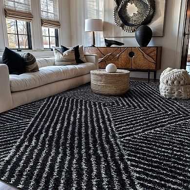 World Rug Gallery Minimal Stripe Geometric Shag Throw, Area or Runner Rug