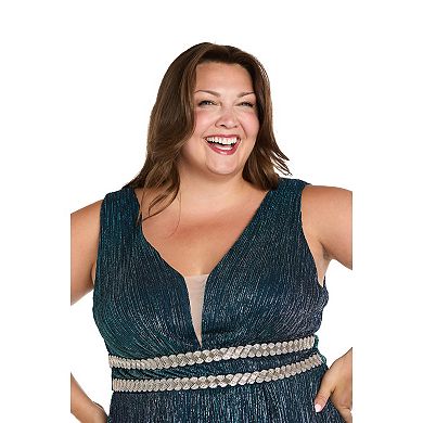 Plus Size R&M Richards Long Metallic V-Neck Dress