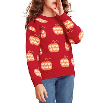 Girls Halloween Pumpkin Long Sleeve Pullover Sweater