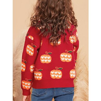 Girls Halloween Pumpkin Long Sleeve Pullover Sweater