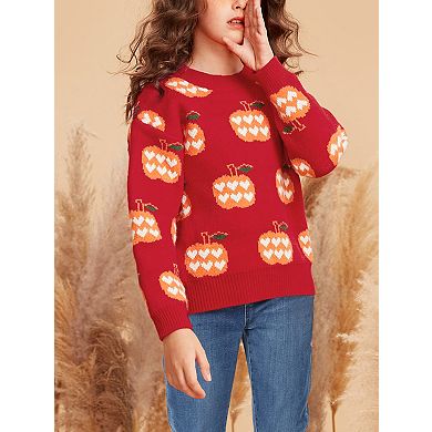 Girls Halloween Pumpkin Long Sleeve Pullover Sweater