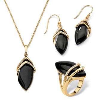 PalmBeach Jewelry .47 TCW Marquise-Shaped Genuine Black Onyx and CZ 18k Gold-Plated 3 pc Set