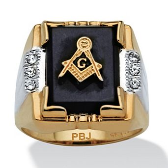PalmBeach Jewelry Men's Genuine Onyx and Crystal Two-Tone Masonic Ring Gold-Plated Sizes 8-16