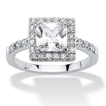 PalmBeach Jewelry Sterling Silver Princess Cut Simulated Birthstone and Crystal Halo Ring