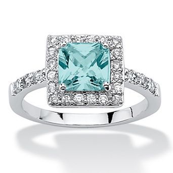 PalmBeach Jewelry Sterling Silver Princess Cut Simulated Birthstone and Crystal Halo Ring