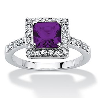 PalmBeach Jewelry Sterling Silver Princess Cut Simulated Birthstone and Crystal Halo Ring