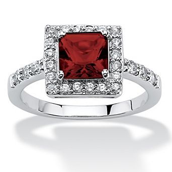 PalmBeach Jewelry Sterling Silver Princess Cut Simulated Birthstone and Crystal Halo Ring