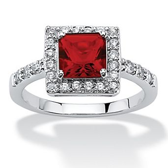 PalmBeach Jewelry Sterling Silver Princess Cut Simulated Birthstone and Crystal Halo Ring