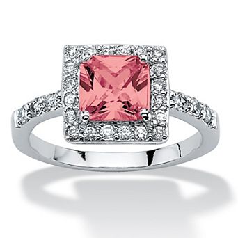 PalmBeach Jewelry Sterling Silver Princess Cut Simulated Birthstone and Crystal Halo Ring