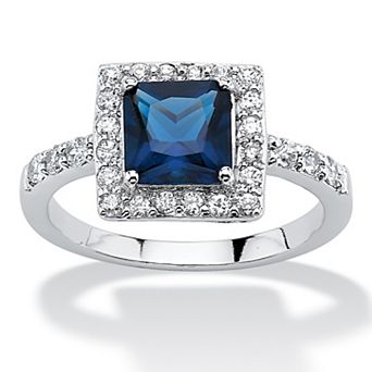 PalmBeach Jewelry Sterling Silver Princess Cut Simulated Birthstone and Crystal Halo Ring