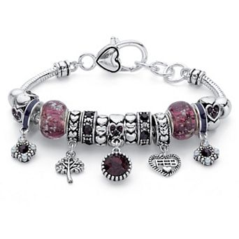 PalmBeach Jewelry Silver-Plated Antiqued Simulated Birthstone and Crystal Bali Style Bracelet
