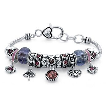 PalmBeach Jewelry Silver-Plated Antiqued Simulated Birthstone and Crystal Bali Style Bracelet