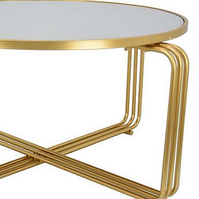 Plant Stand Coffee Table, 37 Inch Round Mirror Top, Modern Gold Metal