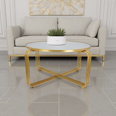 Plant Stand Coffee Table, 37 Inch Round Mirror Top, Modern Gold Metal