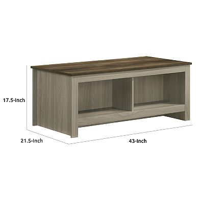 Nena Coffee Table with Open Shelves, Brown Wood Top, Oak Gray 43 Inch