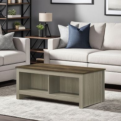 Nena Coffee Table with Open Shelves, Brown Wood Top, Oak Gray 43 Inch