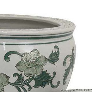 Hely 3 Planter Set, Green White Floral Glazed Ceramic 16, 12, 8 Inch