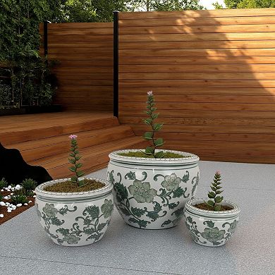 Hely 3 Planter Set, Green White Floral Glazed Ceramic 16, 12, 8 Inch