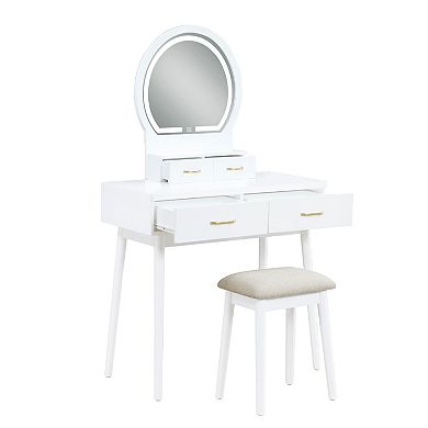 Anvy Vanity Desk Set with Mirror and Stool, 4 Drawers, Wood