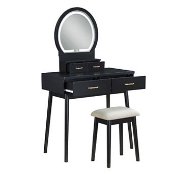 Anvy Vanity Desk Set with Mirror and Stool, 4 Drawers, Wood