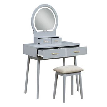 Anvy Vanity Desk Set with Mirror and Stool, 4 Drawers, Wood