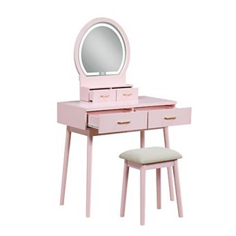 Anvy Vanity Desk Set with Mirror and Stool, 4 Drawers, Wood