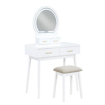 Anvy Vanity Desk Set with Mirror and Stool, 4 Drawers, Wood