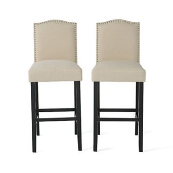 Marky Barstool Chair Set of 2, Arched Back and Footrest, Beige Fabric
