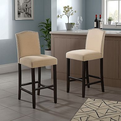 Marky Barstool Chair Set of 2, Arched Back and Footrest, Beige Fabric