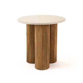 Cid Den End Table, Brown Wood, Round Botticino Marble Top, 20 Inch