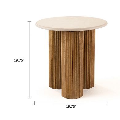 Cid Den End Table, Brown Wood, Round Botticino Marble Top, 20 Inch