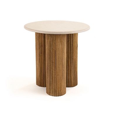 Cid Den End Table, Brown Wood, Round Botticino Marble Top, 20 Inch