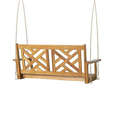 Annah Porch Swing Bench w Chains, Herringbone Teak Brown Acacia Wood