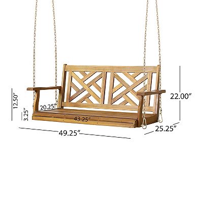 Annah Porch Swing Bench w Chains, Herringbone Teak Brown Acacia Wood