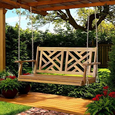Annah Porch Swing Bench w Chains, Herringbone Teak Brown Acacia Wood